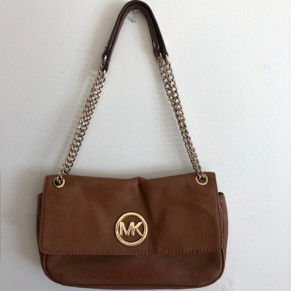 MICHAEL KORS Fulton Small Brown Gold Chain Shoulder Flap Bag - Picture 1 of 16